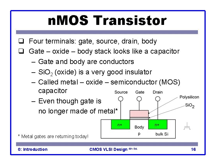 n. MOS Transistor q Four terminals: gate, source, drain, body q Gate – oxide
