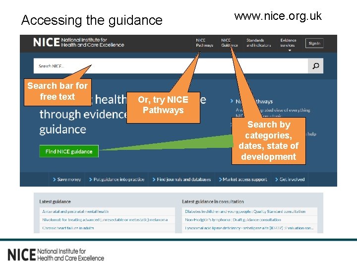 Accessing the guidance Search bar for free text www. nice. org. uk Or, try