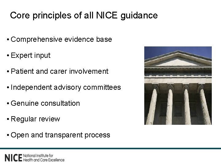 Core principles of all NICE guidance • Comprehensive evidence base • Expert input •