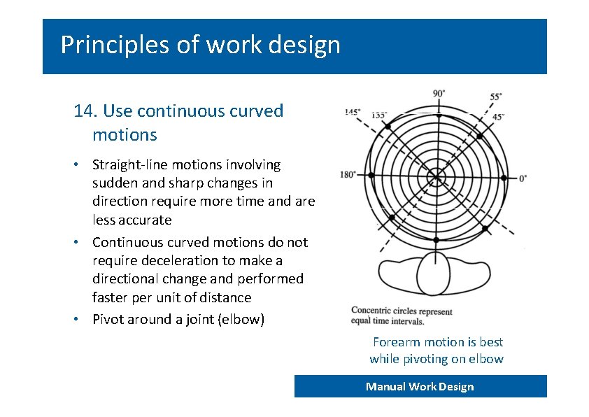 Principles of work design 14. Use continuous curved motions • Straight‐line motions involving sudden