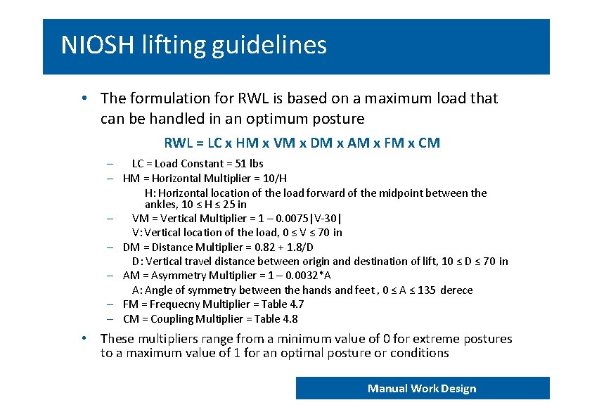 NIOSH lifting guidelines • The formulation for RWL is based on a maximum load