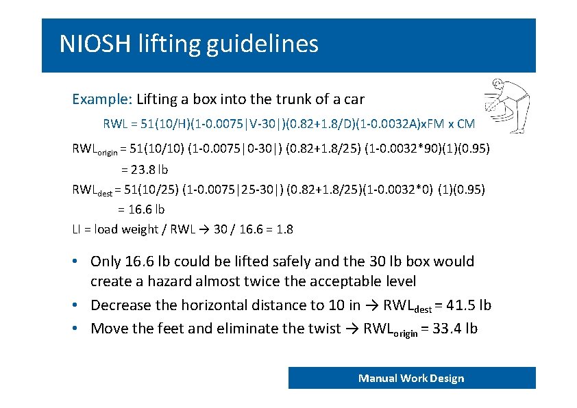 NIOSH lifting guidelines Example: Lifting a box into the trunk of a car RWL