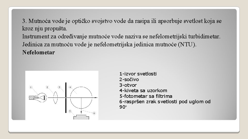 3. Mutnoća vode je optičko svojstvo vode da rasipa ili apsorbuje svetlost koja se