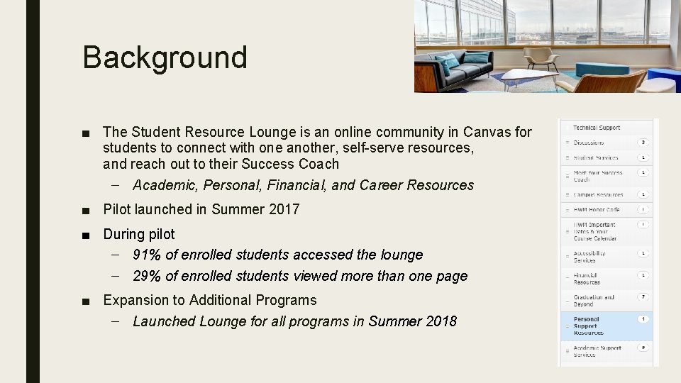 Background ■ The Student Resource Lounge is an online community in Canvas for students