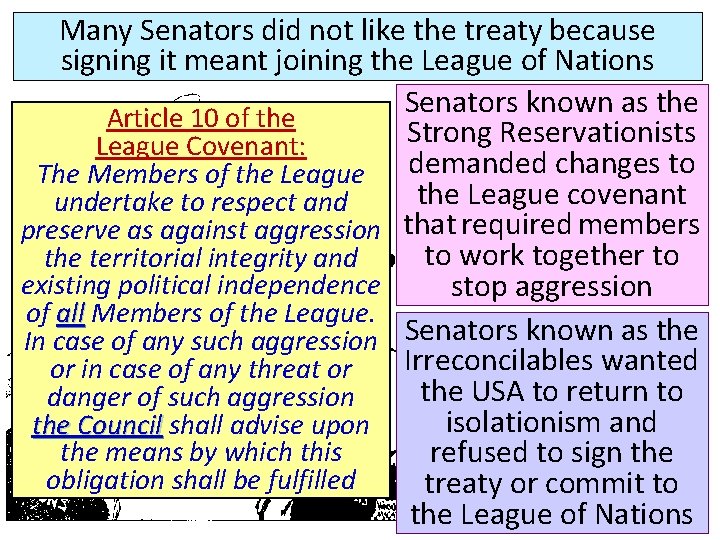 Many Senators did not like the treaty because signing it meant joining the League