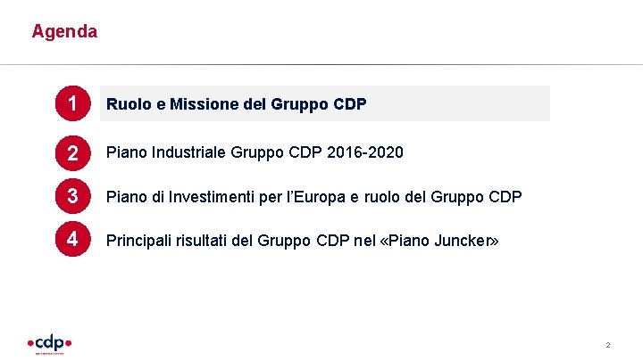 Agenda 1 Ruolo e Missione del Gruppo CDP 2 Piano Industriale Gruppo CDP 2016