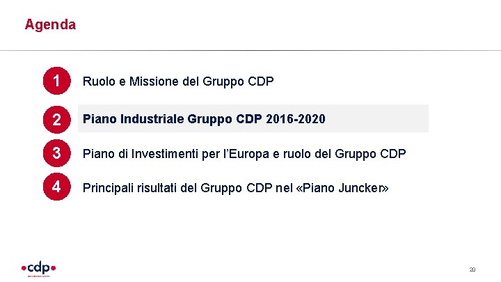 Agenda 1 Ruolo e Missione del Gruppo CDP 2 Piano Industriale Gruppo CDP 2016