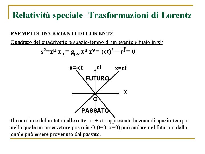Relatività speciale -Trasformazioni di Lorentz ESEMPI DI INVARIANTI DI LORENTZ Quadrato del quadrivettore spazio-tempo