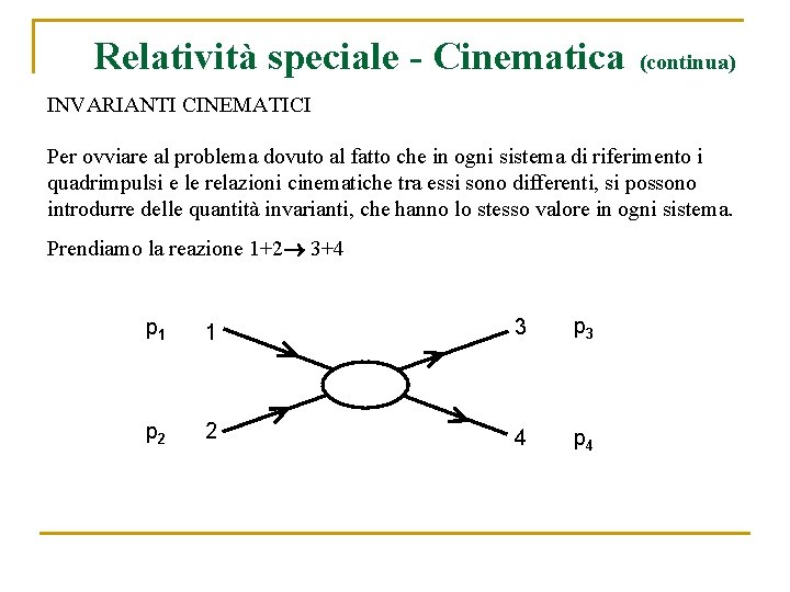 Relatività speciale - Cinematica (continua) INVARIANTI CINEMATICI Per ovviare al problema dovuto al fatto