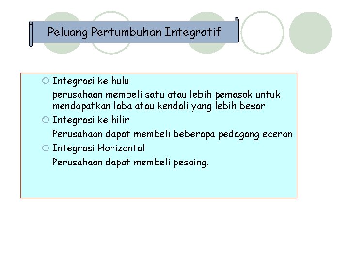 Peluang Pertumbuhan Integratif ¡ Integrasi ke hulu perusahaan membeli satu atau lebih pemasok untuk