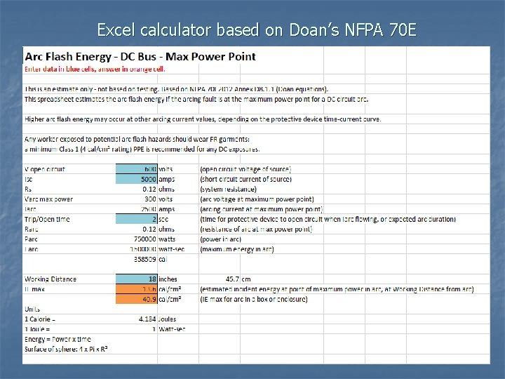 Excel calculator based on Doan’s NFPA 70 E 