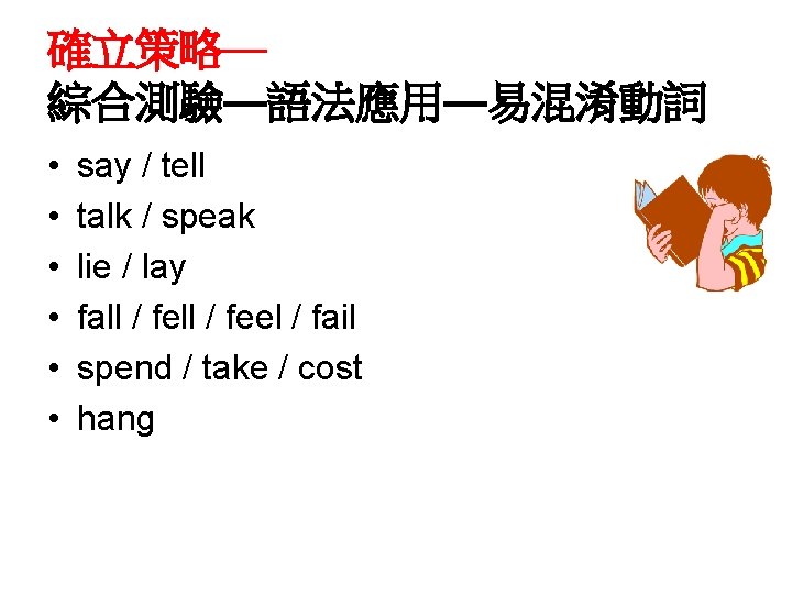 確立策略— 綜合測驗—語法應用—易混淆動詞 • • • say / tell talk / speak lie / lay