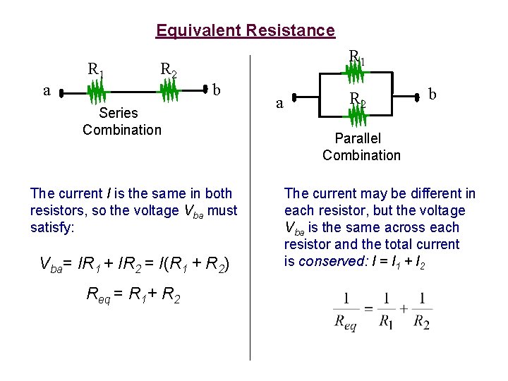 Equivalent Resistance a R 1 R 2 R 1 b Series Combination The current