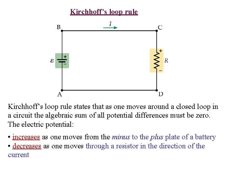 Kirchhoff’s loop rule states that as one moves around a closed loop in a