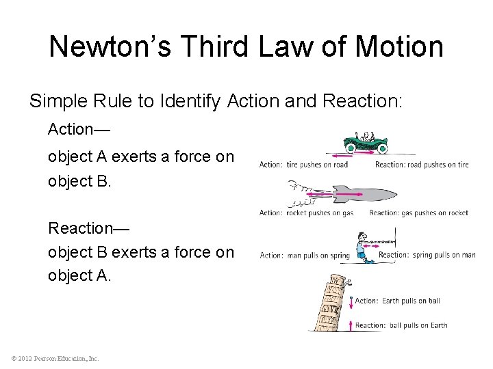 Newton’s Third Law of Motion Simple Rule to Identify Action and Reaction: Action— object