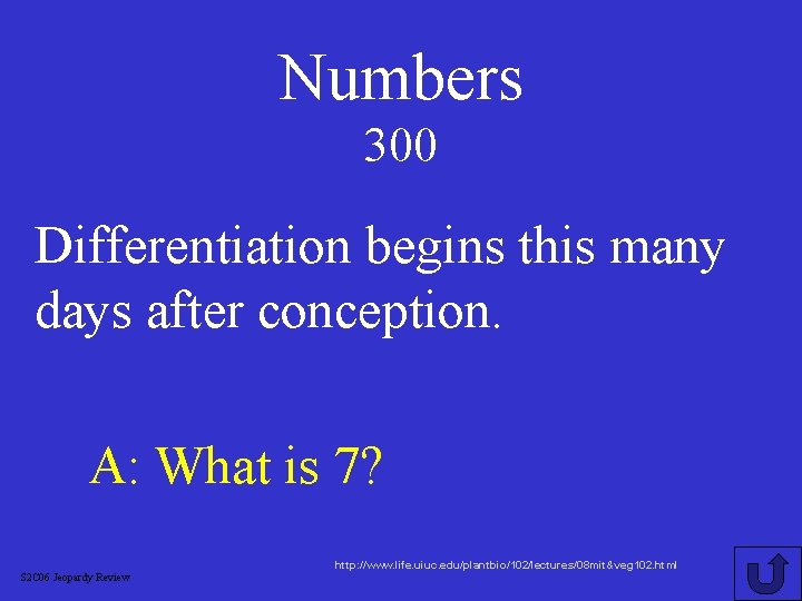 Numbers 300 Differentiation begins this many days after conception. A: What is 7? S