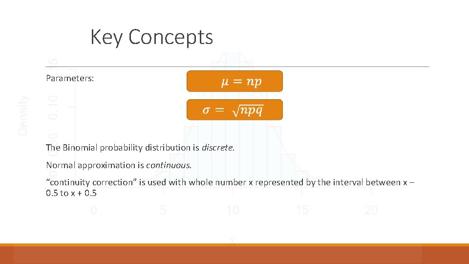 Key Concepts Parameters: The Binomial probability distribution is discrete. Normal approximation is continuous. “continuity