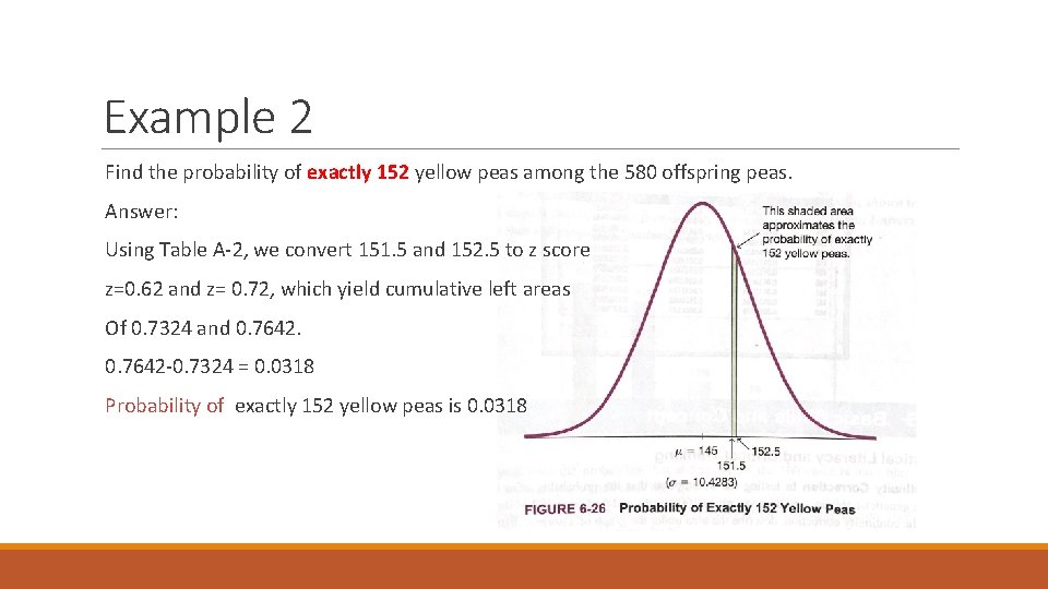 Example 2 Find the probability of exactly 152 yellow peas among the 580 offspring