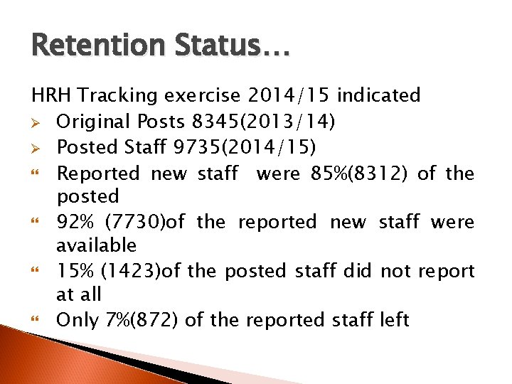 Retention Status… HRH Tracking exercise 2014/15 indicated Ø Original Posts 8345(2013/14) Ø Posted Staff