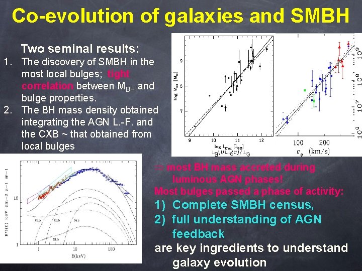 Co-evolution of galaxies and SMBH Two seminal results: 1. The discovery of SMBH in