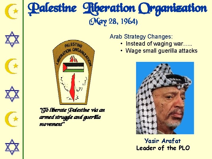 Palestine Liberation Organization (May 28, 1964) Arab Strategy Changes: • Instead of waging war….