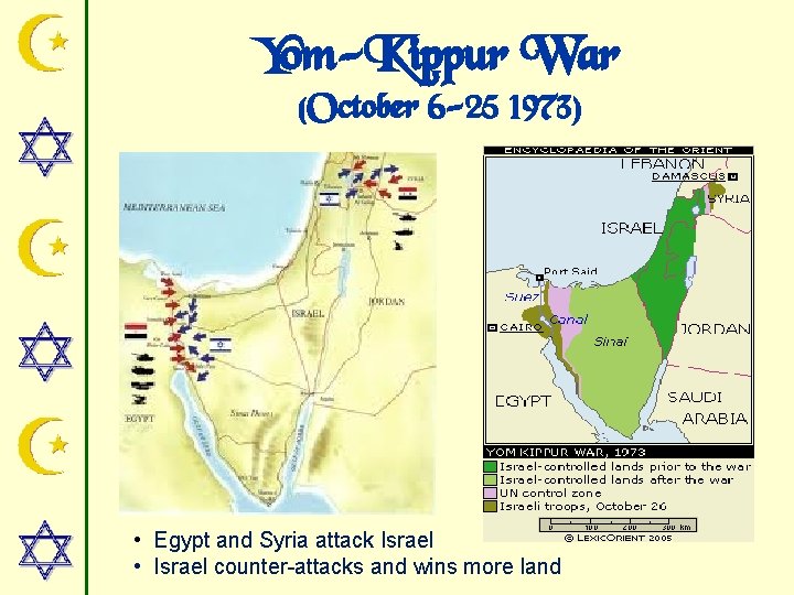 Yom-Kippur War (October 6 -25 1973) • Egypt and Syria attack Israel • Israel