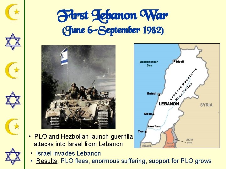First Lebanon War (June 6 -September 1982) • PLO and Hezbollah launch guerrilla attacks