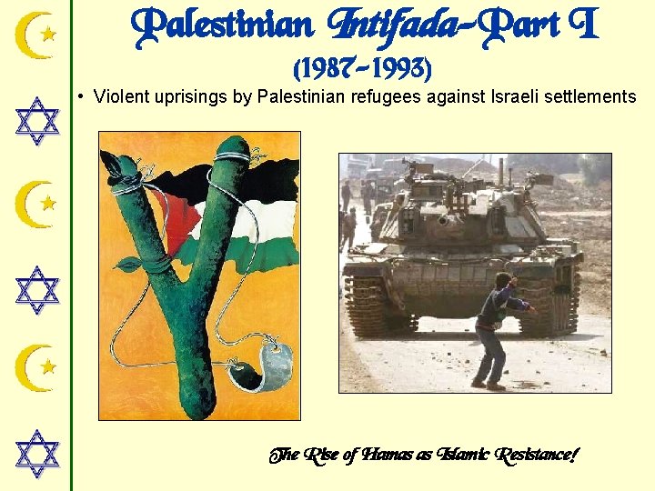 Palestinian Intifada-Part I (1987 -1993) • Violent uprisings by Palestinian refugees against Israeli settlements