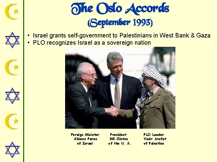 The Oslo Accords (September 1993) • Israel grants self-government to Palestinians in West Bank