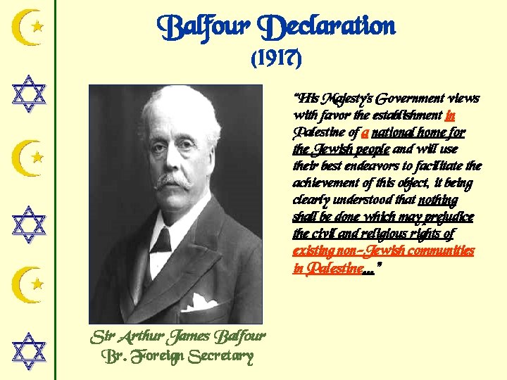 Balfour Declaration (1917) “His Majesty’s Government views with favor the establishment in Palestine of