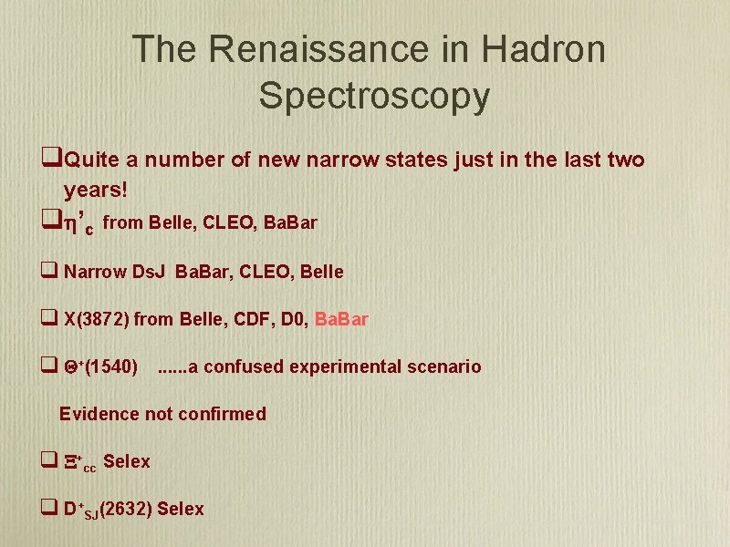 The Renaissance in Hadron Spectroscopy q. Quite a number of new narrow states just