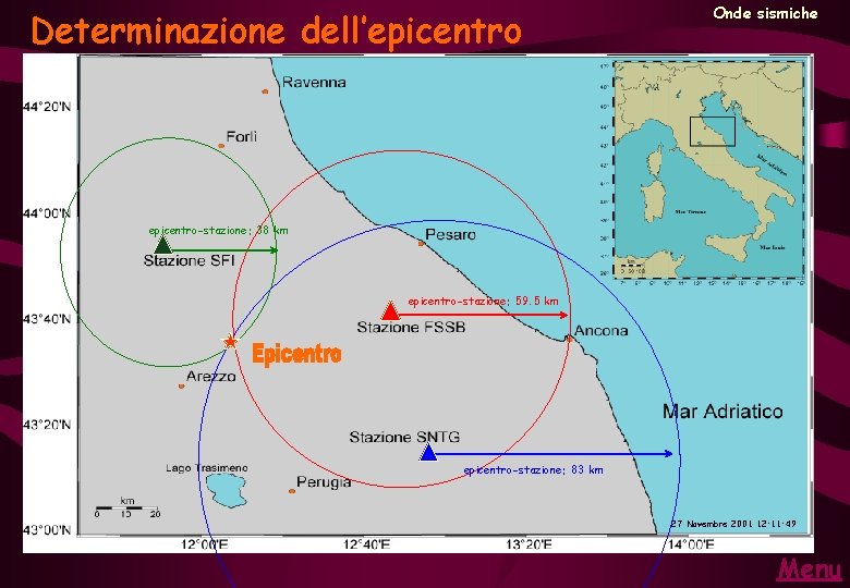 Determinazione dell’epicentro Onde sismiche epicentro-stazione: 38 km epicentro-stazione: 59. 5 km epicentro-stazione: 83 km