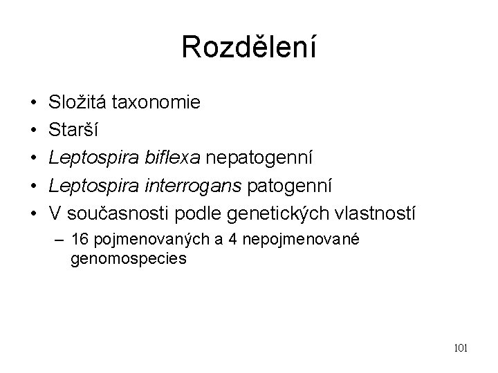 Rozdělení • • • Složitá taxonomie Starší Leptospira biflexa nepatogenní Leptospira interrogans patogenní V