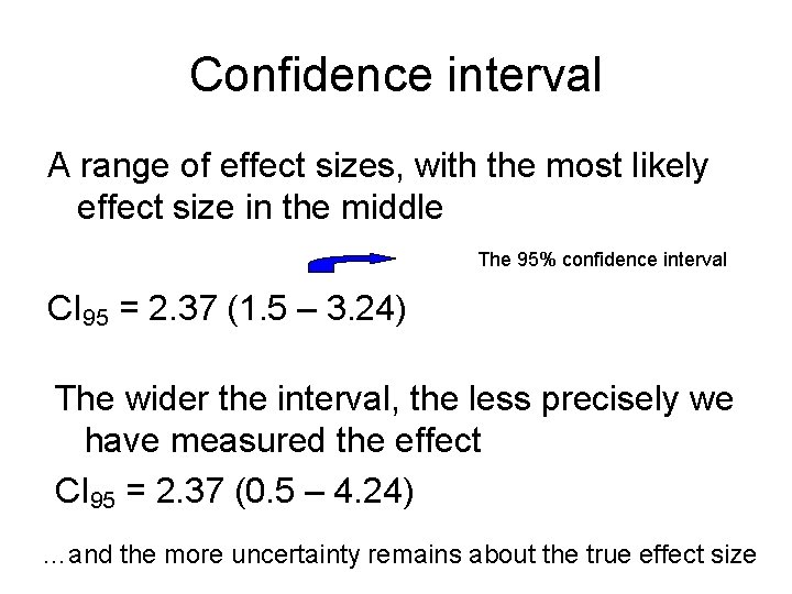 Confidence interval A range of effect sizes, with the most likely effect size in