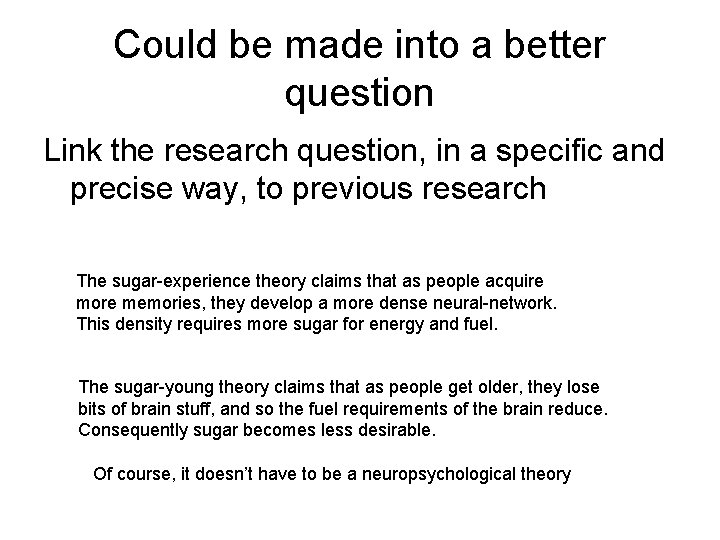 Could be made into a better question Link the research question, in a specific