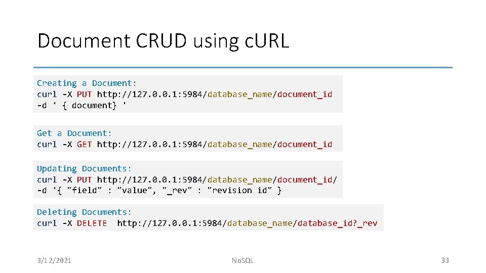 Document CRUD using c. URL Creating a Document: curl -X PUT http: //127. 0.