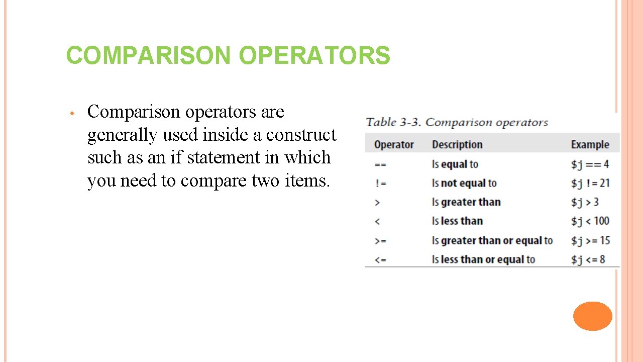 COMPARISON OPERATORS • Comparison operators are generally used inside a construct such as an