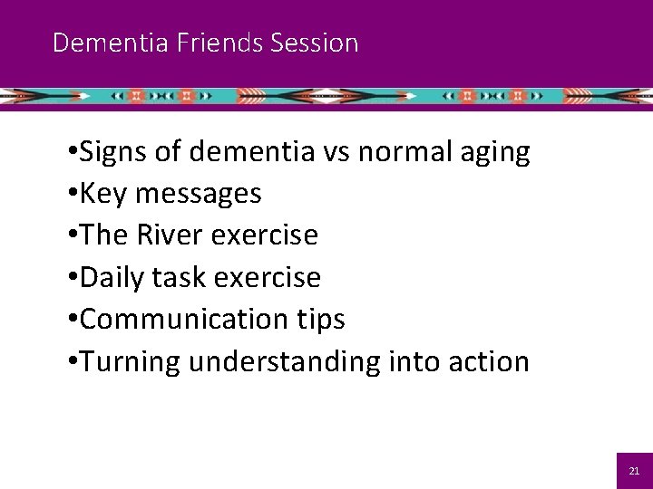 Dementia Friends Session • Signs of dementia vs normal aging • Key messages •