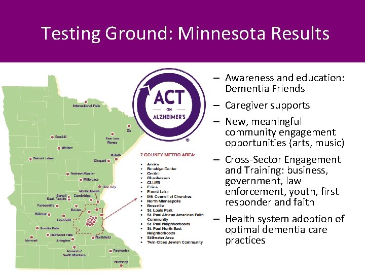 Testing Ground: Minnesota Results – Awareness and education: Dementia Friends – Caregiver supports –