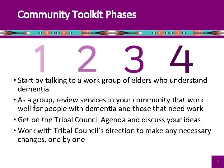 Community Toolkit Phases • Start by talking to a work group of elders who