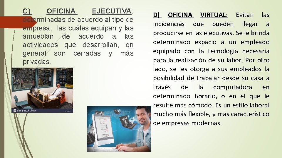 C) OFICINA EJECUTIVA: determinadas de acuerdo al tipo de empresa, las cuáles equipan y