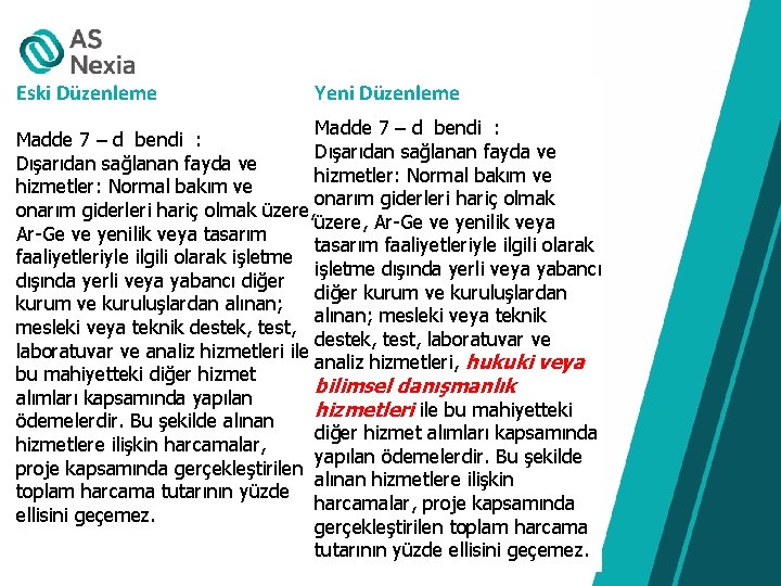 Eski Düzenleme Yeni Düzenleme Madde 7 – d bendi : Dışarıdan sağlanan fayda ve