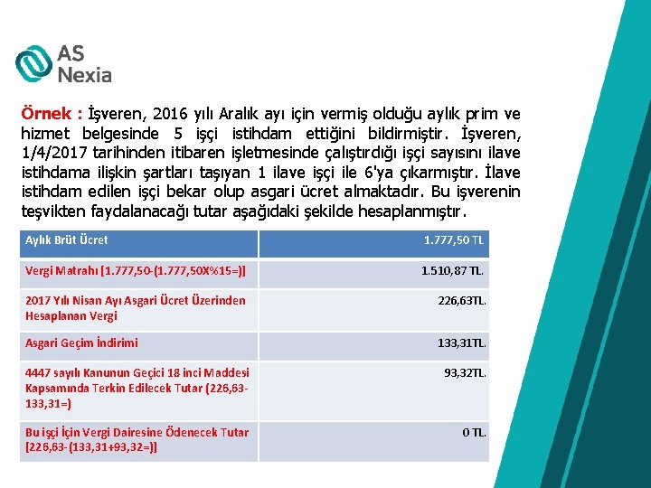  Örnek : İşveren, 2016 yılı Aralık ayı için vermiş olduğu aylık prim ve