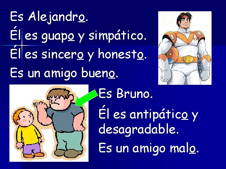 Es Alejandro. Él es guapo y simpático. Él es sincero y honesto. Es un