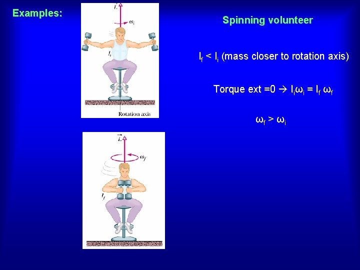 Examples: Spinning volunteer If < Ii (mass closer to rotation axis) Torque ext =0