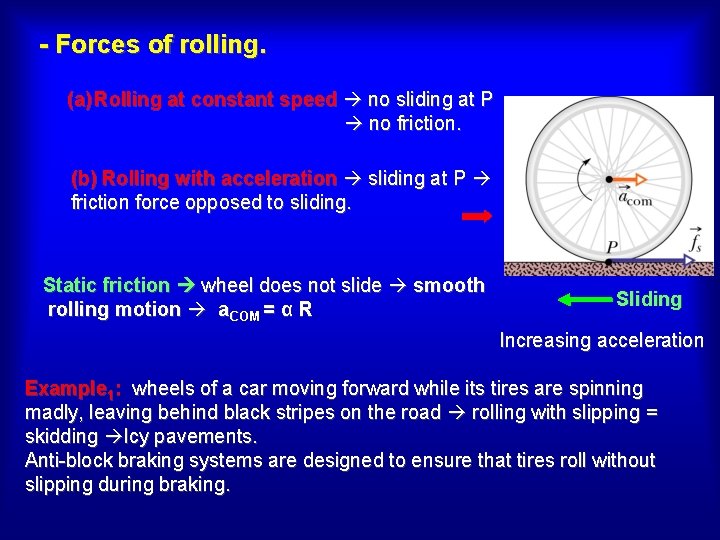 - Forces of rolling. (a) Rolling at constant speed no sliding at P no