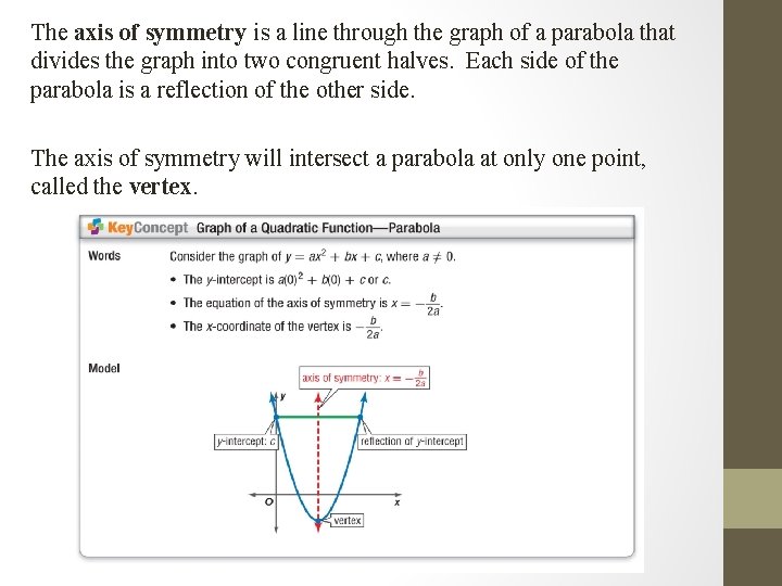 The axis of symmetry is a line through the graph of a parabola that