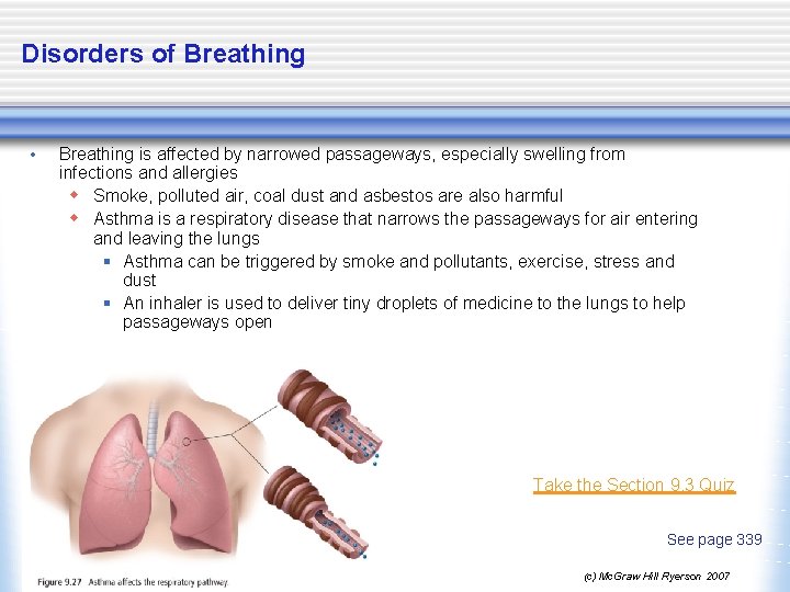 Disorders of Breathing • Breathing is affected by narrowed passageways, especially swelling from infections