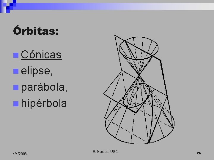 Órbitas: n Cónicas n elipse, n parábola, n hipérbola 4/4/2006 E. Macias. USC 26