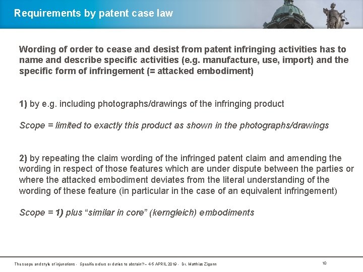 Requirements by patent case law Wording of order to cease and desist from patent